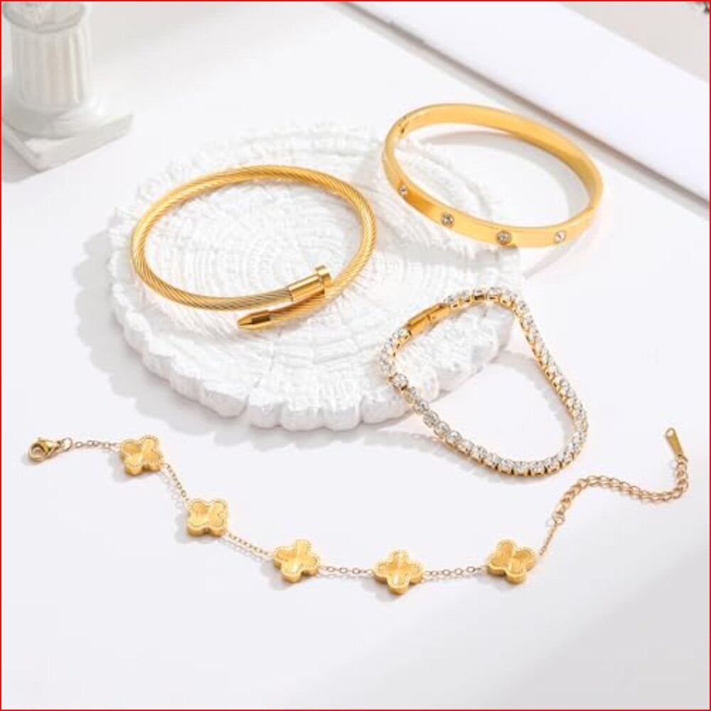 18k Gold Plated Stackable Bangle Bracelet Set, 4 … - image 5
